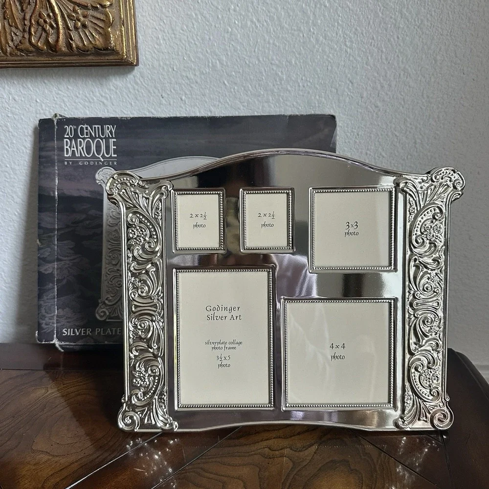 Godinger  5 Picture Collage Photo Frame 11x9.5 Inch Baroque Silver Plated NOS